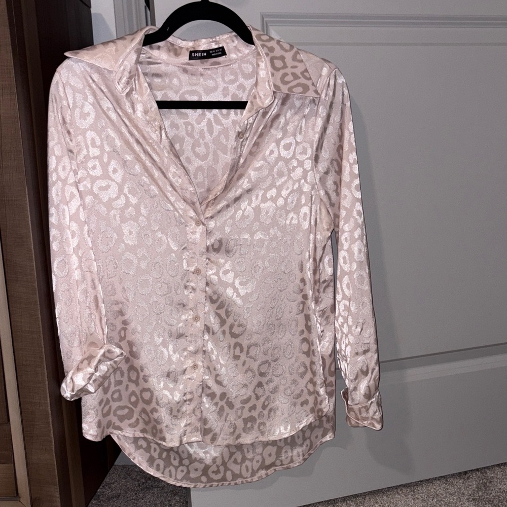 Light Pink Satin Leopard Print Button Down Shirt
